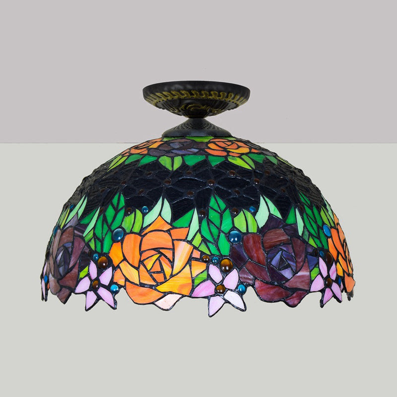Bronze Rose/Flower Tiffany Ceiling Lamp - Multicolored Stained Glass Flush Mount Lighting