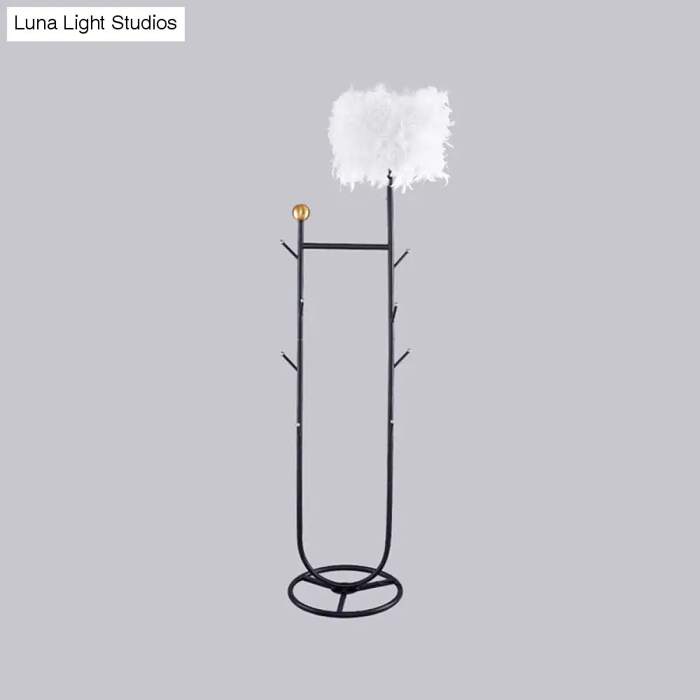 U-Shape Metallic Tree Floor Lamp, 1-Light Black/Gold Finish with Feather Shade - Simple and Stylish Lighting