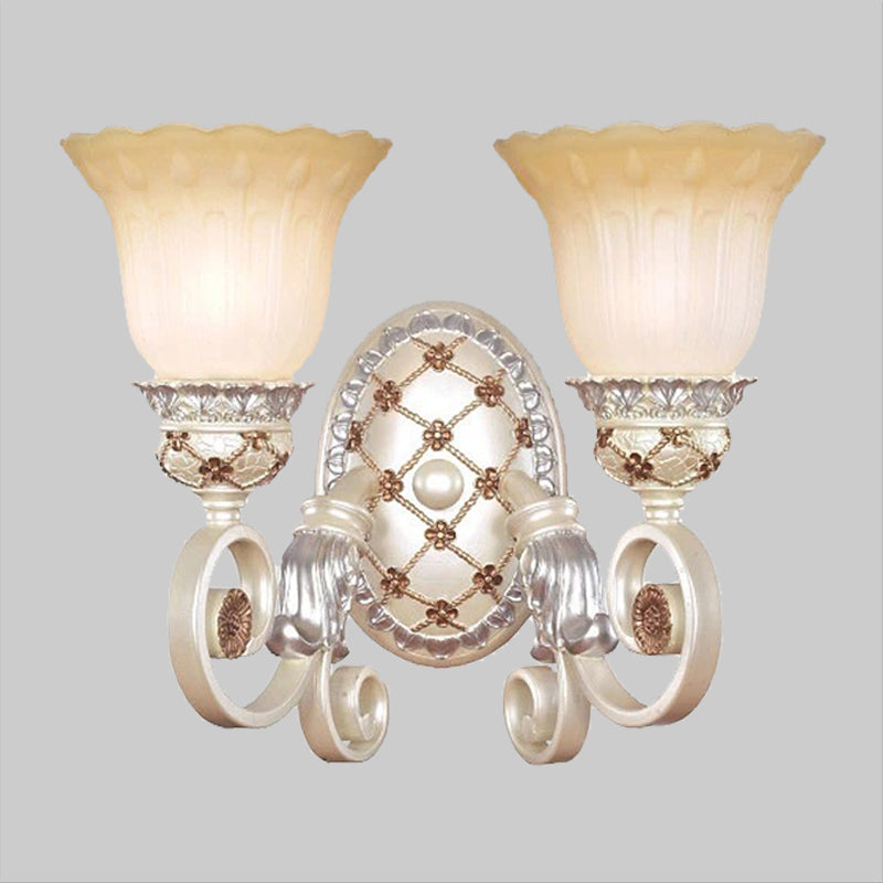 French Country Blossom Wall Sconce - Opaline Glass Lighting with Swirl Arm in Gold