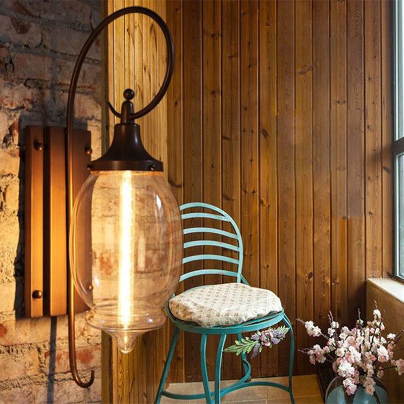Clear Glass Sconce Light with Black Oval Shade - Industrial Wall Lamp for Living Room