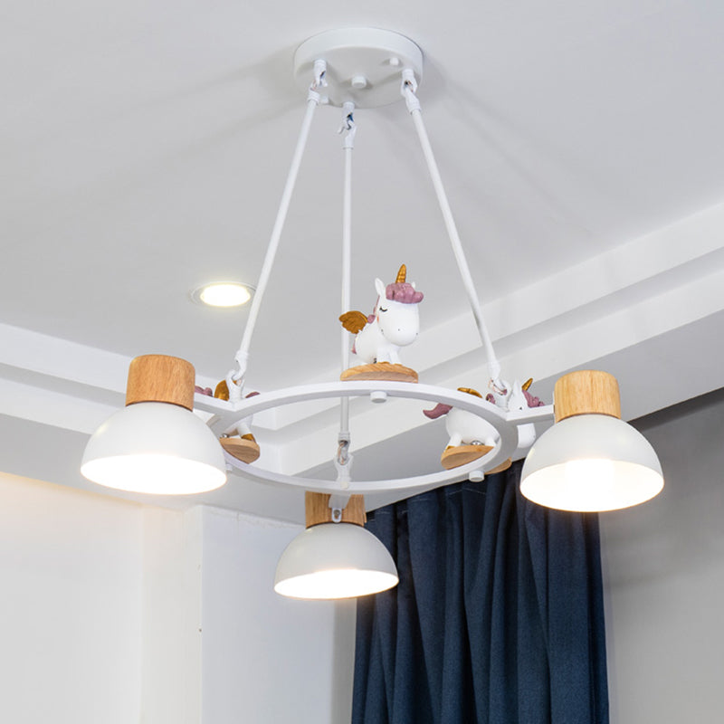 Lustre suspendu en forme de dôme pour enfants : éclairage à suspension en métal à 3/6 lumières avec décor de cerf/cheval en noir/blanc