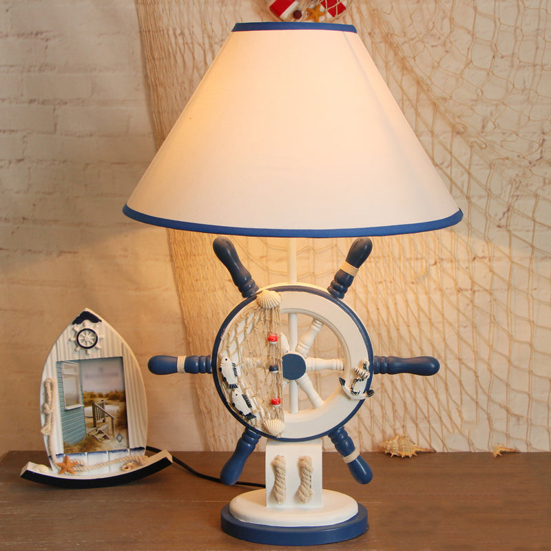 Lampe de table en bois pour enfants – Bouée de sauvetage/gouvernail, lampe de chevet bleue à 5 lumières avec abat-jour conique en tissu