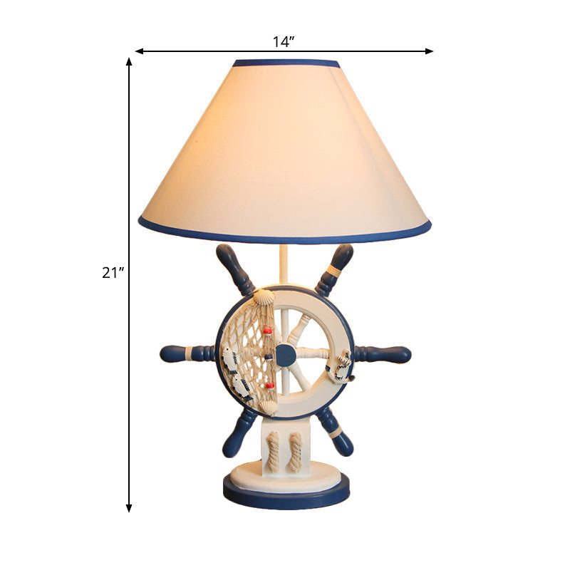 Lampe de table en bois pour enfants – Bouée de sauvetage/gouvernail, lampe de chevet bleue à 5 lumières avec abat-jour conique en tissu