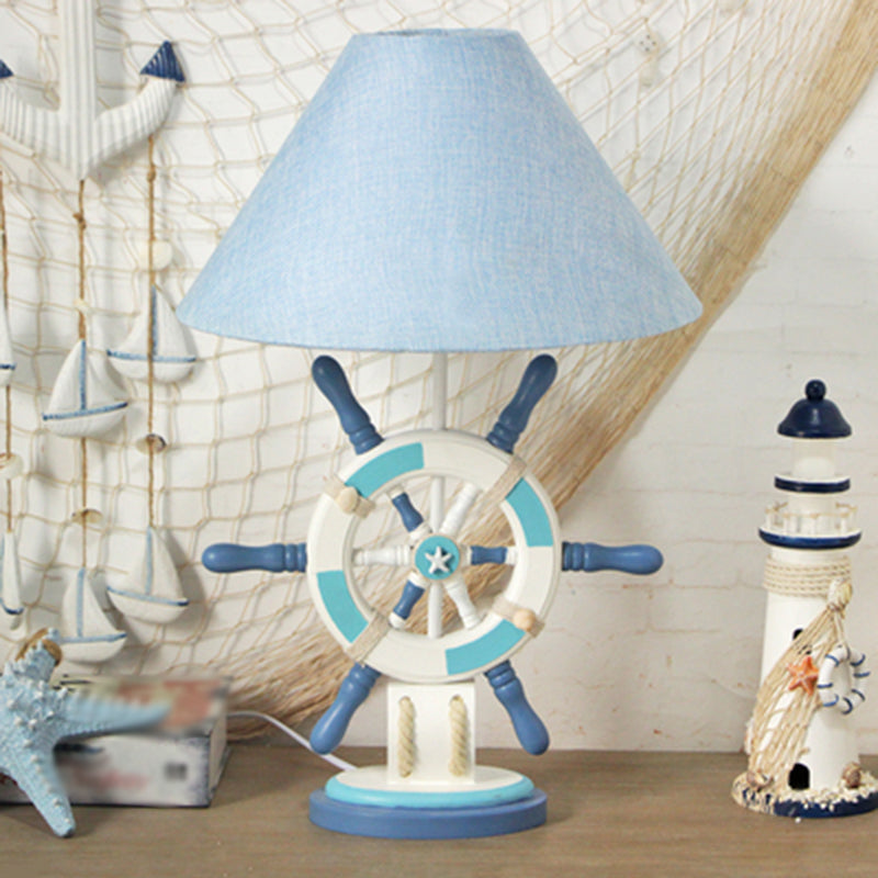 Lampe de table en bois pour enfants – Bouée de sauvetage/gouvernail, lampe de chevet bleue à 5 lumières avec abat-jour conique en tissu