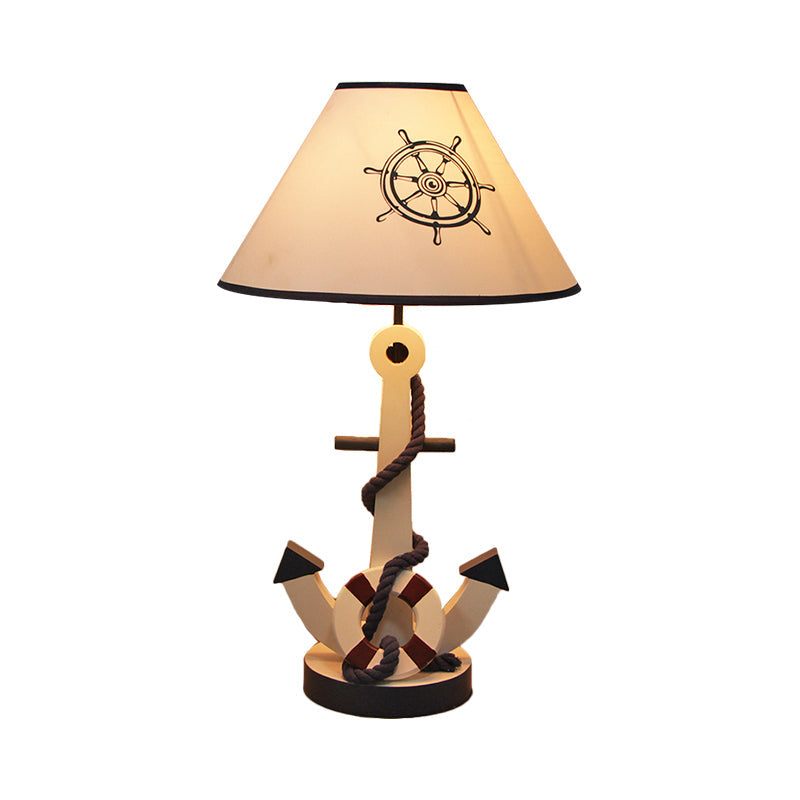 Lampe de table en bois pour enfants – Bouée de sauvetage/gouvernail, lampe de chevet bleue à 5 lumières avec abat-jour conique en tissu
