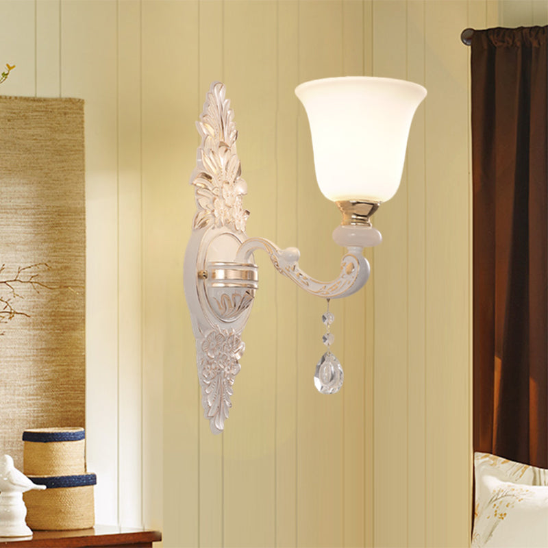 Traditional Indoor Wall Lamp Fixture with Up Bell Shade White Glass - 1 Bulb Wall Lighting