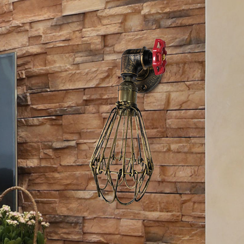 Vintage Metal Wall Lamp with Valve Deco - Conical Cage Sconce Light Fixture