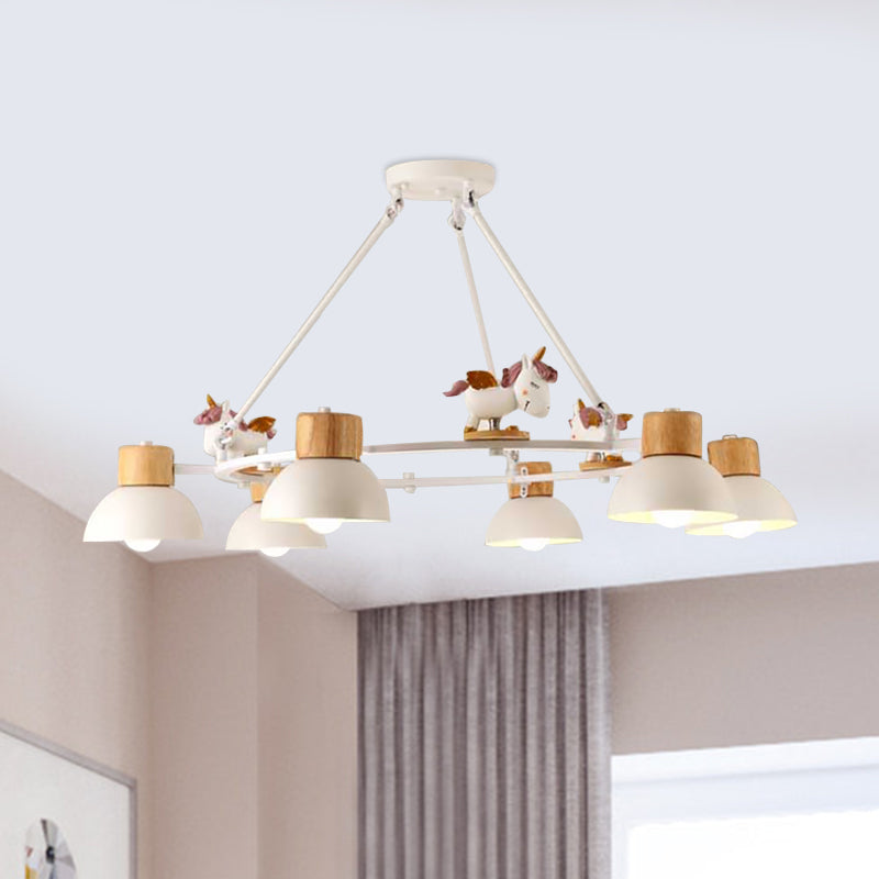 Lustre suspendu en forme de dôme pour enfants : éclairage à suspension en métal à 3/6 lumières avec décor de cerf/cheval en noir/blanc