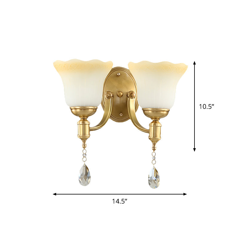 Retro Style 1/2-Head Gold Wall Lamp with Crystal Drop - Blossom Opaque Glass Wall Lighting