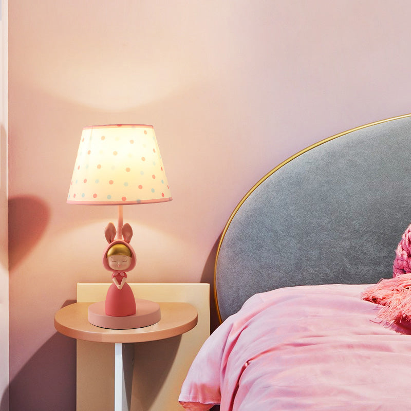 Kids' Pink Fabric Drum Table Lamp with Resin Figurine - Tapered Design for Bedroom Nightstand