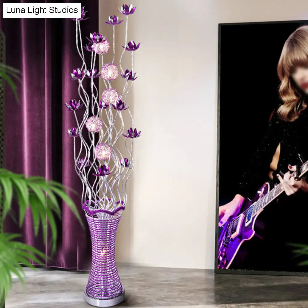 Purple LED Floral Floor Lamp with Elegant Twig Design, Aluminum Vase-Shaped Decorative Standing Light