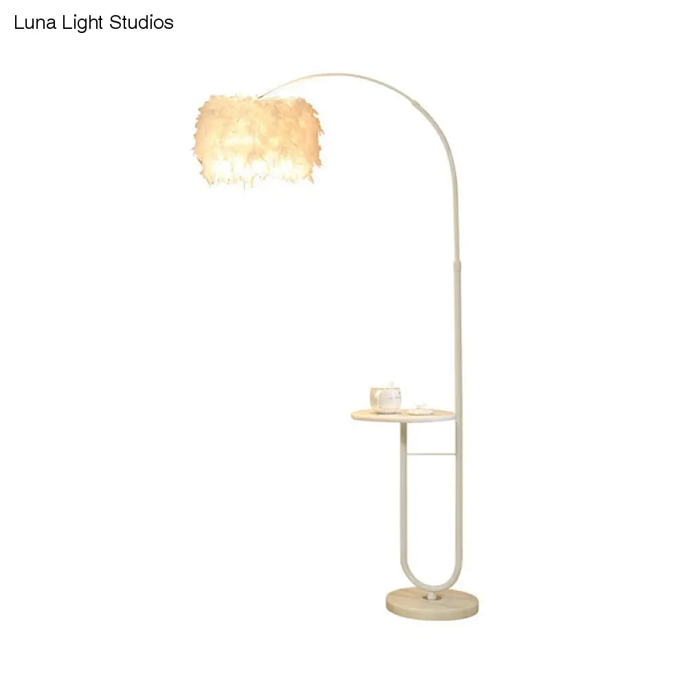 Simplicity White Drum Floor Lamp with Feather Accent, Tray, and Arc Arm