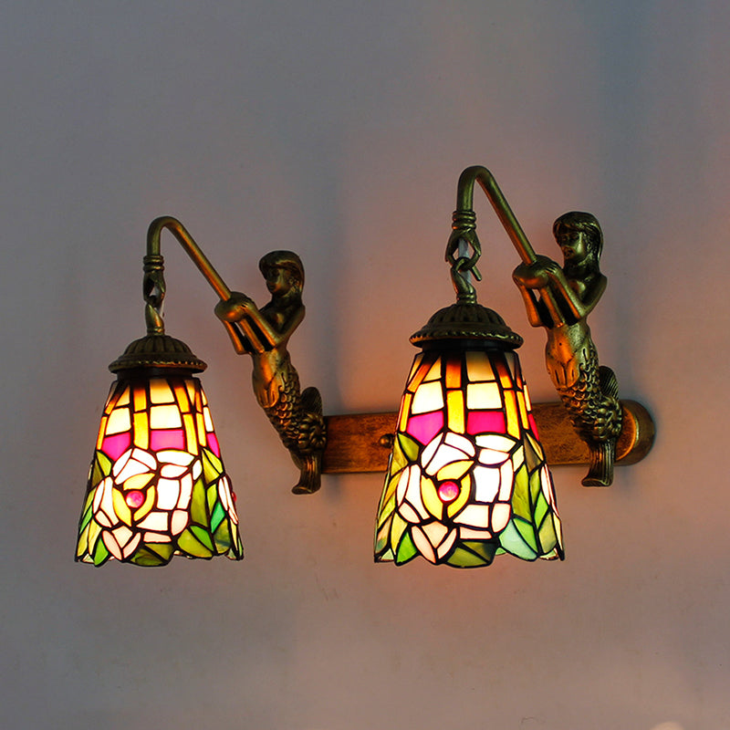 Meerkleurig glas-in-lood Tiffany uitlopende wandmontagelamp - 2-koppige gang met pauwstaart/bloempatroon