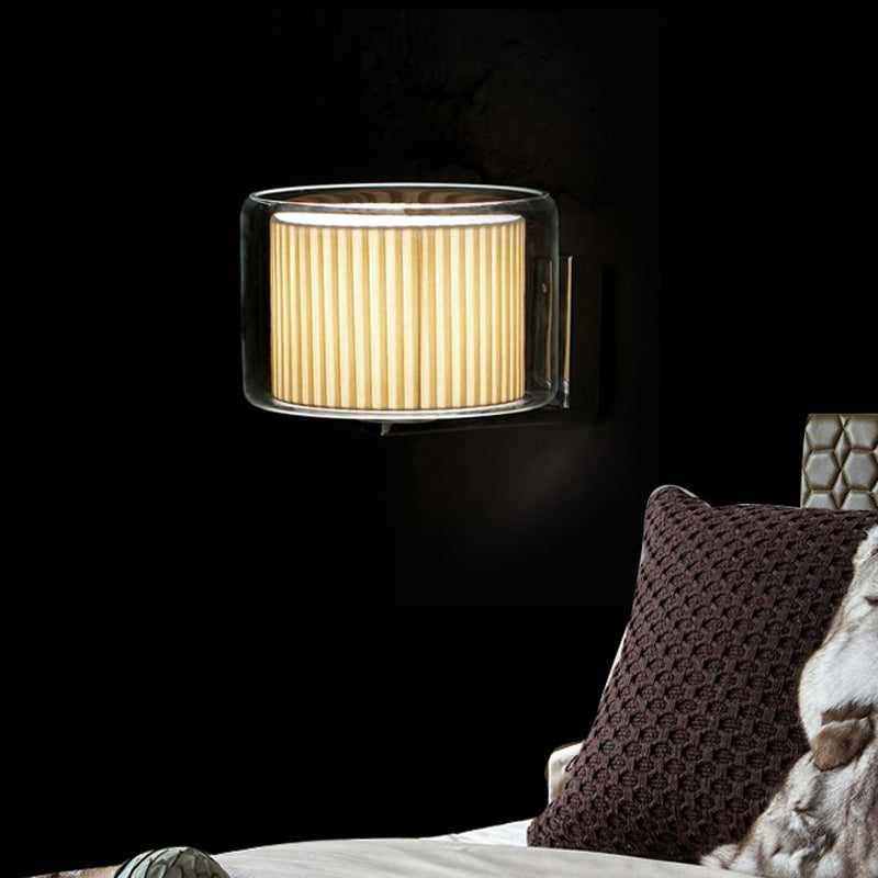 Modern Beige Drum Wall Lamp with Pleated Fabric Shade and Transparent Glass Shade