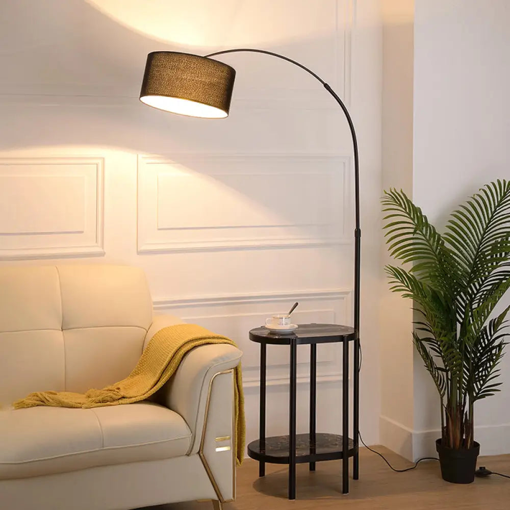 Modern Round Floor Lamp with Shelf - Simple Fabric Shade, Arched Design - Ideal for Living Room Lighting