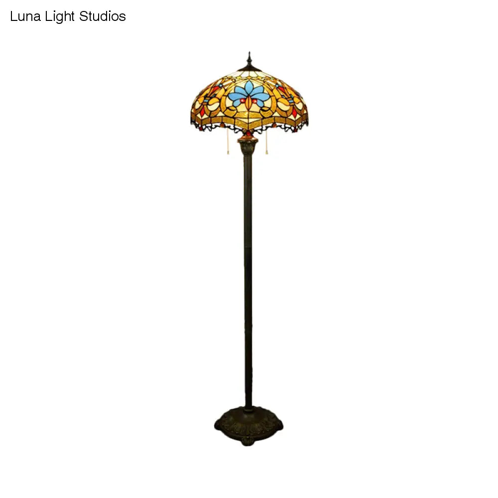 Tiffany Style Stained Glass Floor Lamp with Brass Finish and Pull Chain - Scalloped Dome Design, 2 Lights