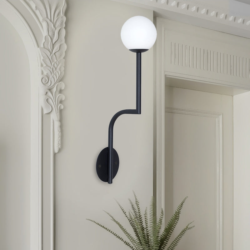Minimalist Opal Glass Wall Sconce with Long Curved Arm - Single Bulb Lamp in Black/Gold