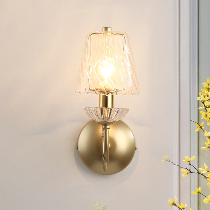 Gold Conical Sconce with Clear Twisted Glass Shade - Minimalist Single Bulb Wall Light