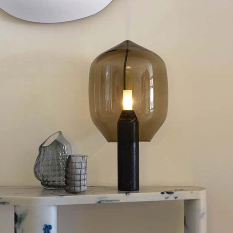 Modern Metallic Bedside Table Lamp with Blown Glass Shade & LED Nightstand Light