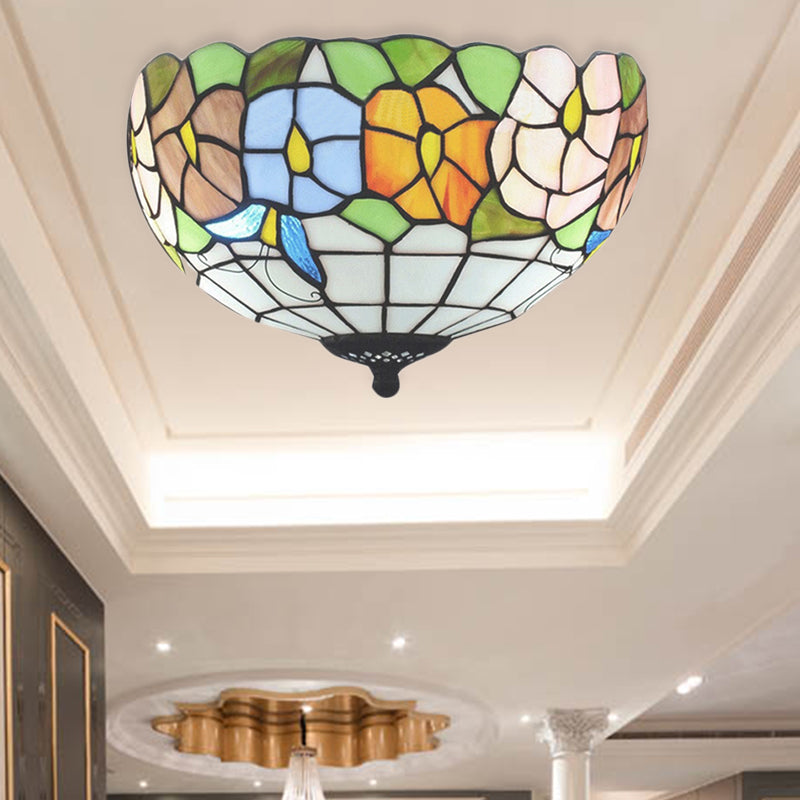 Tiffany Stained Glass Flush Mount Lighting with Flower and Butterfly Pattern in White - Bowl Shade Flush Mount