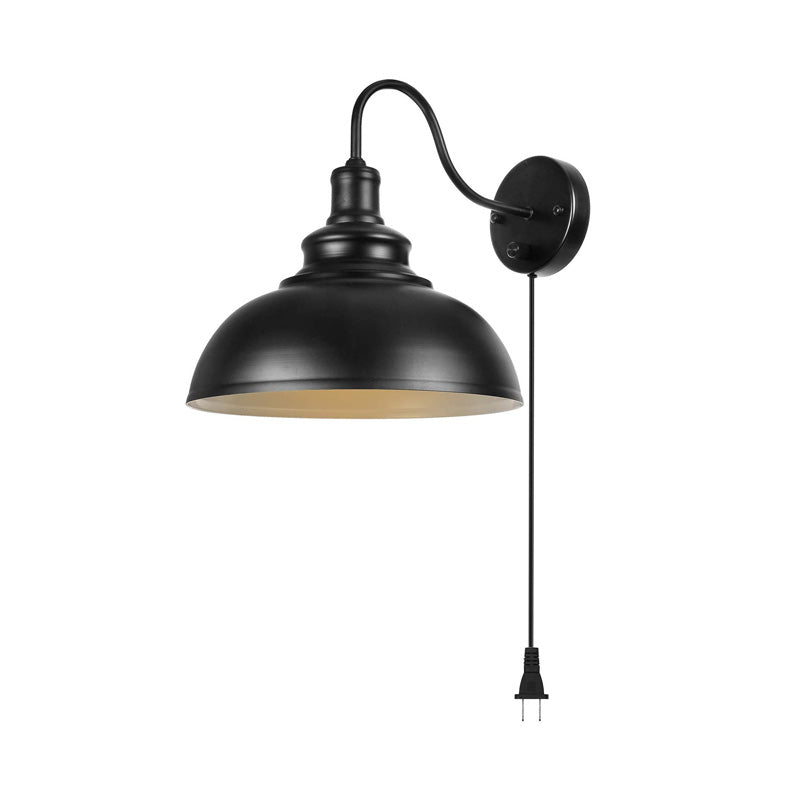 Farmhouse Black Metal Dome Sconce Light - Bedroom Wall Lamp with Plug-in Cord