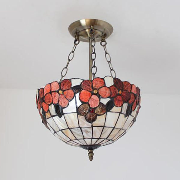 Scalloped Shade Semi Flush Stained Glass Ceiling Light Retro Style, 12