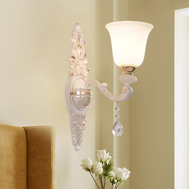 Traditional Indoor Wall Lamp Fixture with Up Bell Shade White Glass - 1 Bulb Wall Lighting