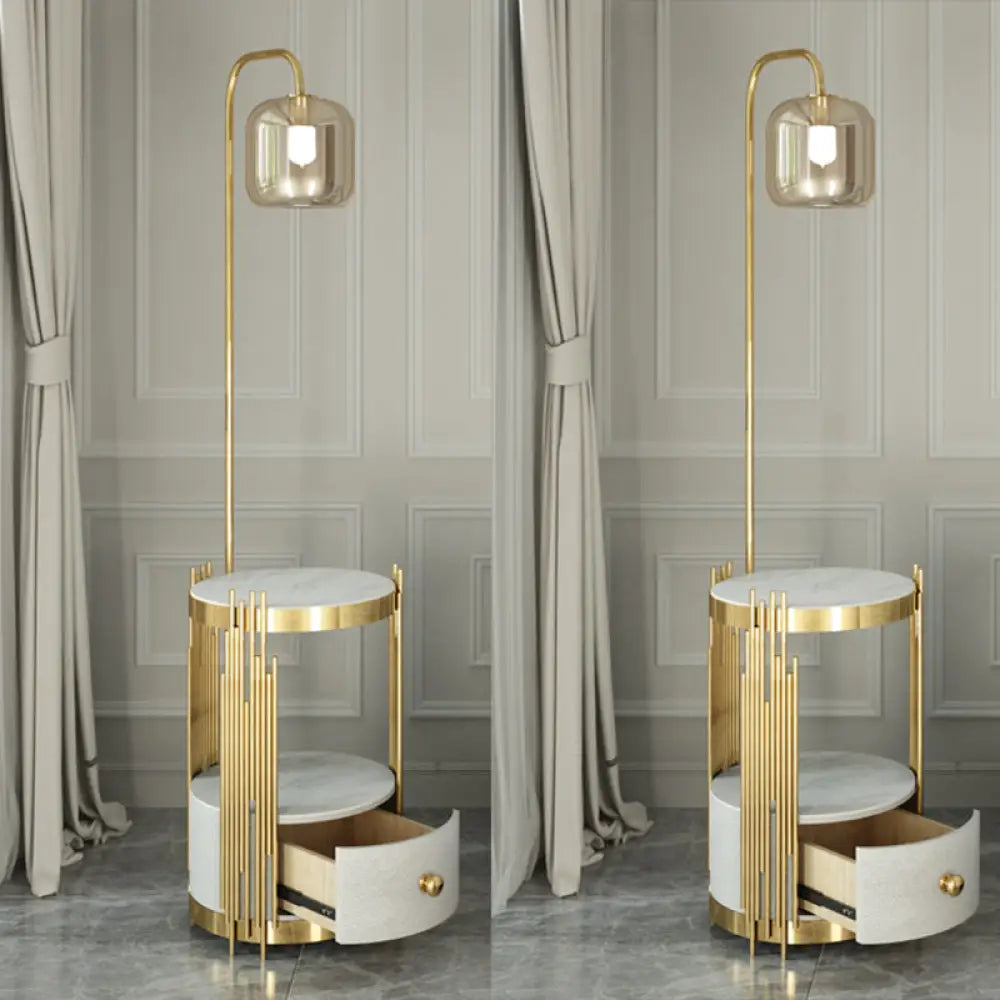 Modern Glass Cylinder Floor Lamp with Table, Drawer and Gooseneck Design