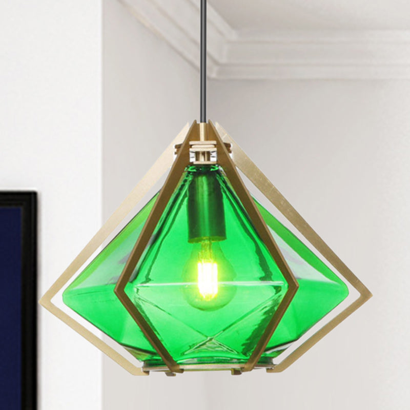 Modern Diamond Office Pendant Light, Green/White Glass, 5