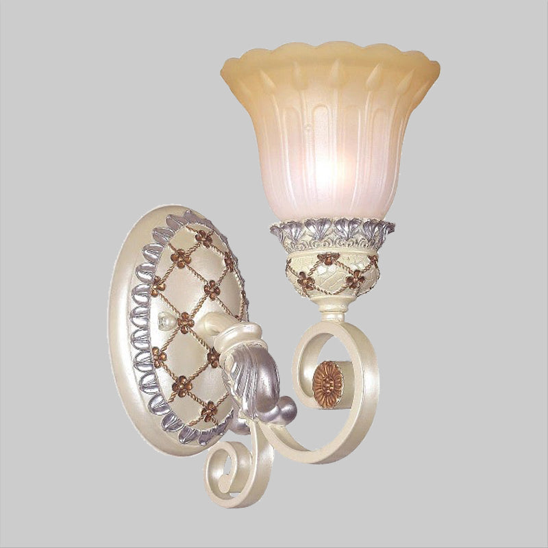 French Country Blossom Wall Sconce - Opaline Glass Lighting with Swirl Arm in Gold
