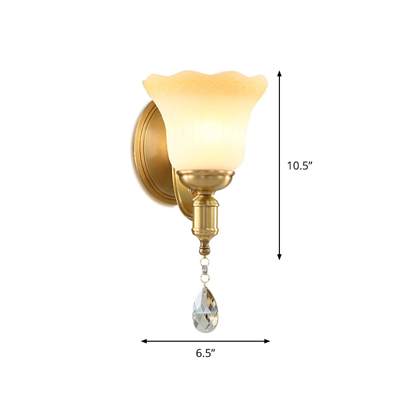 Retro Style 1/2-Head Gold Wall Lamp with Crystal Drop - Blossom Opaque Glass Wall Lighting