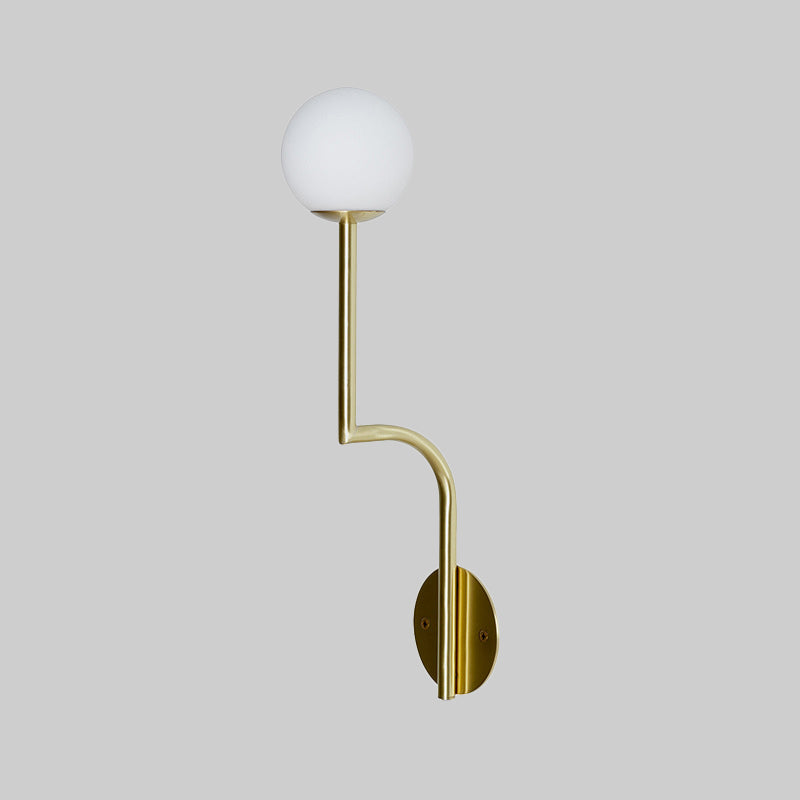 Minimalist Opal Glass Wall Sconce with Long Curved Arm - Single Bulb Lamp in Black/Gold