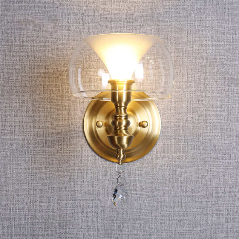 Mid Century Glass Wall Sconce with Brass Base and Crystal Droplet - Perfect for Small Spaces