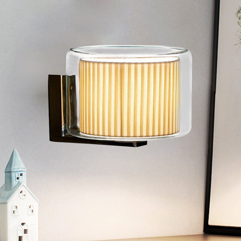 Modern Beige Drum Wall Lamp with Pleated Fabric Shade and Transparent Glass Shade
