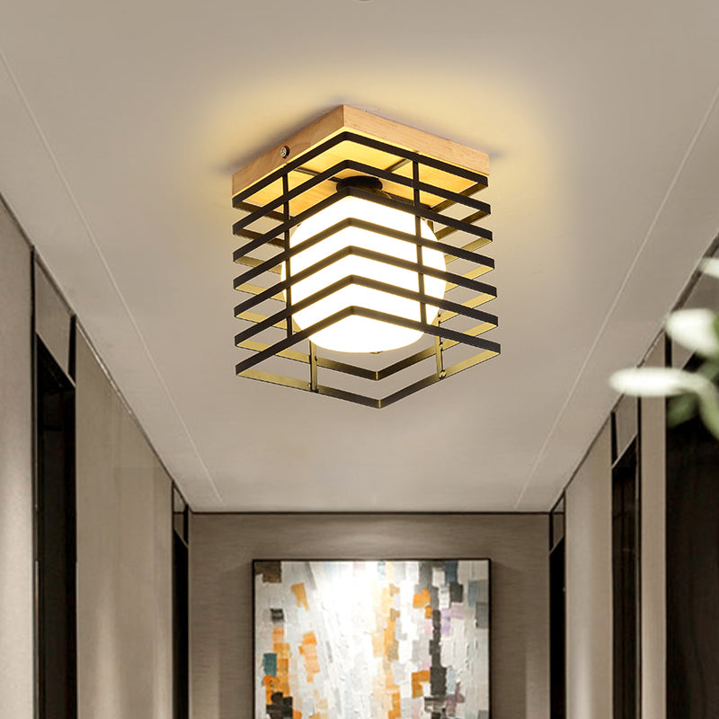 1-Light Black/White Metal Square Flush Mount Pendant Fixture for Corridor Ceiling
