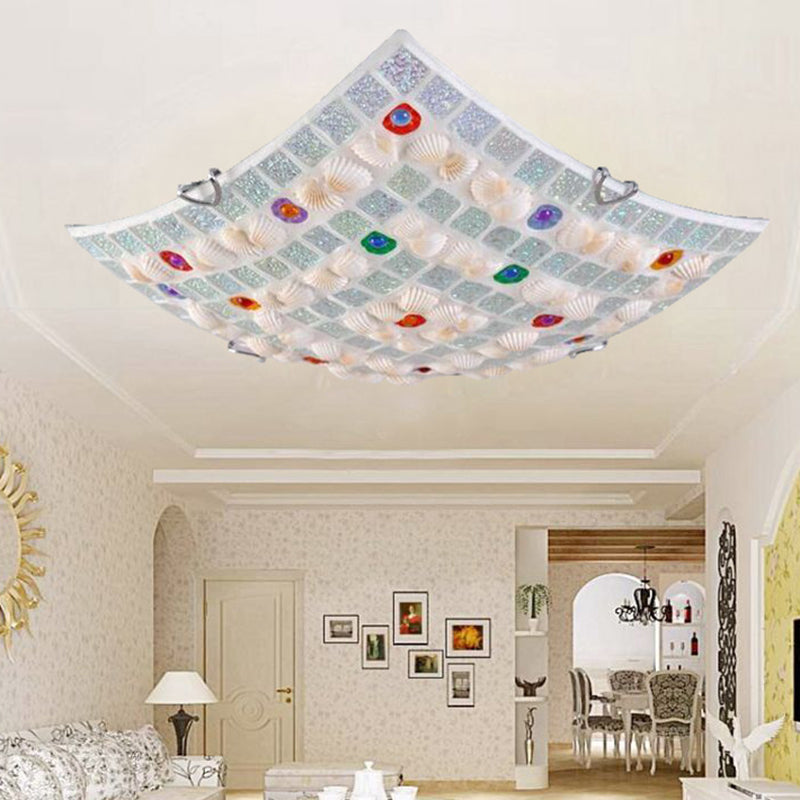 Tiffany Style Square Shell Flush Mount Ceiling Light with 3 Lights, White - Ideal for Kitchen (12