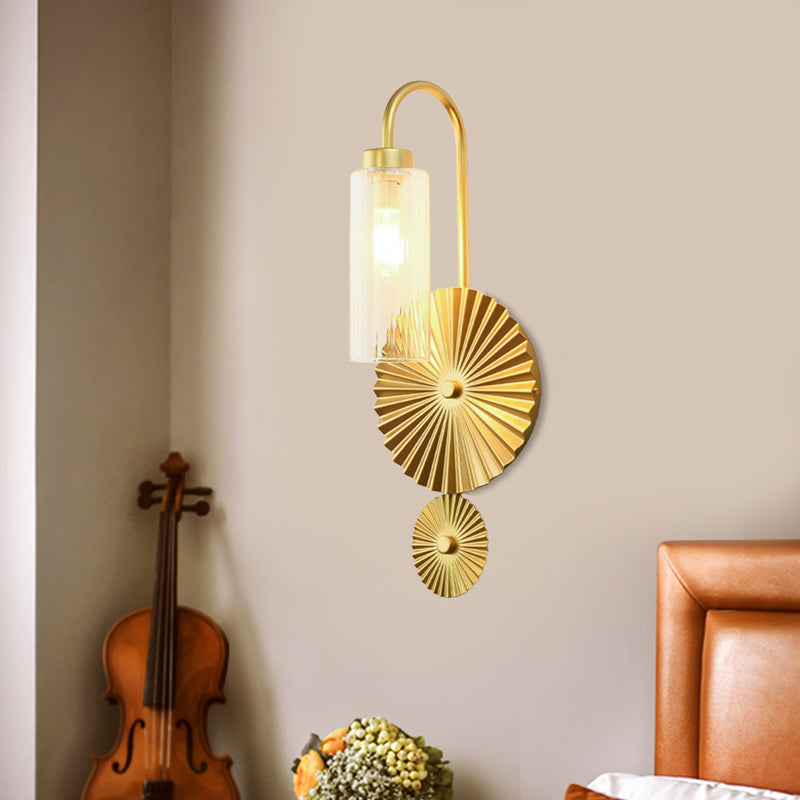 Mid Century Brass Gooseneck Wall Lamp with Glass Shade - Iron Sconce Lighting