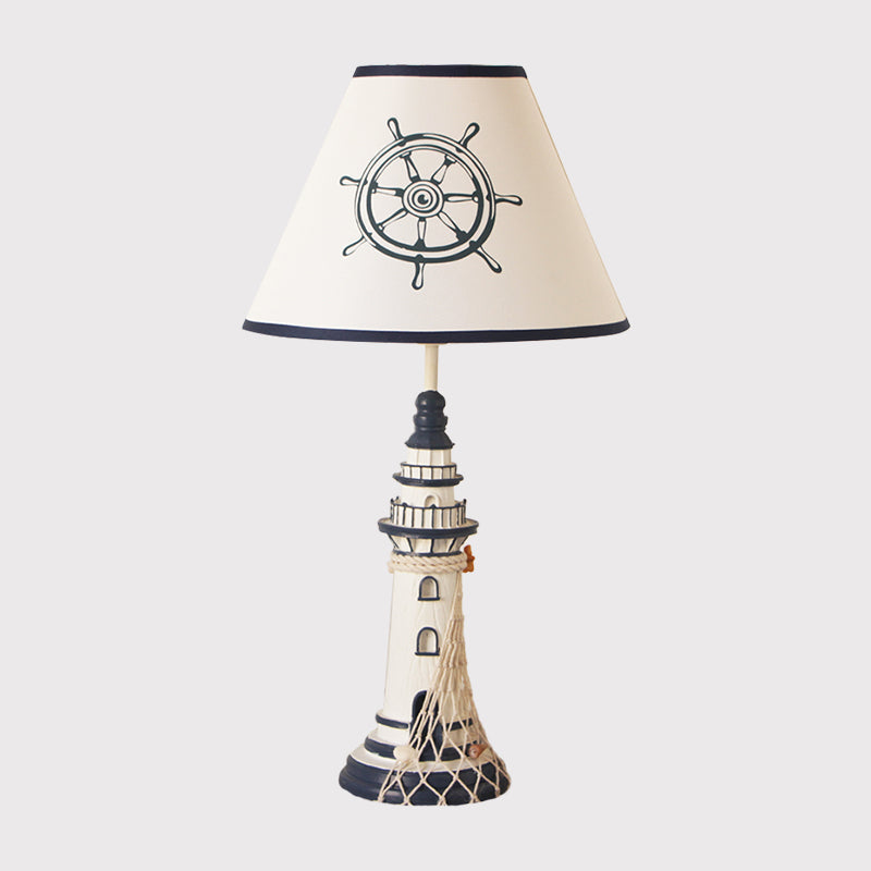 Lampe de table de chevet conique blanche pour enfants – Éclairage de table en tissu à 1 lumière avec base de gouvernail/phare