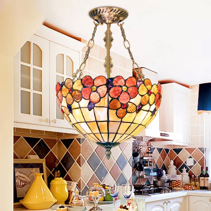 Scalloped Shade Semi Flush Stained Glass Ceiling Light Retro Style, 12