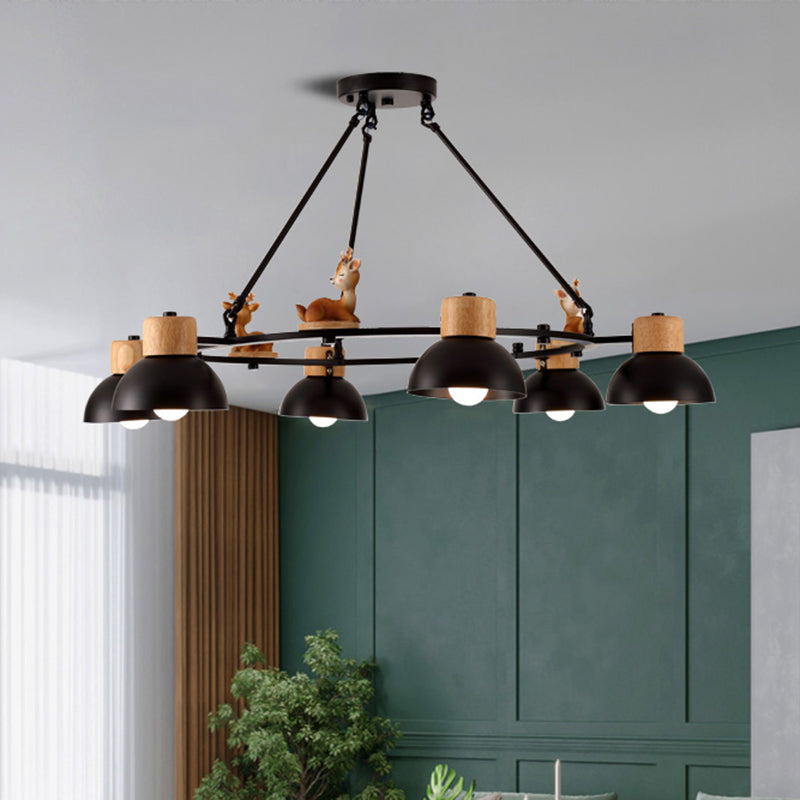 Lustre suspendu en forme de dôme pour enfants : éclairage à suspension en métal à 3/6 lumières avec décor de cerf/cheval en noir/blanc