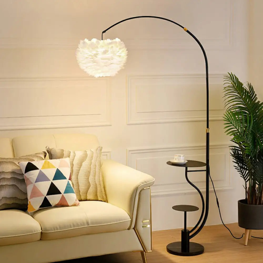 Modern Hemisphere Floor Lamp with Feather Shade and Tray – Stylish Living Room Lighting