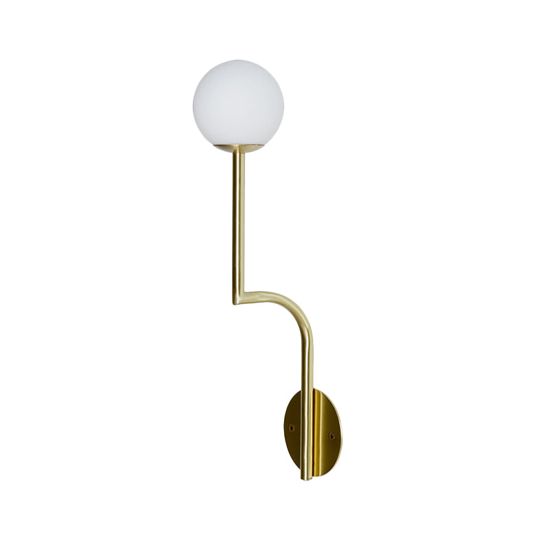 Minimalist Opal Glass Wall Sconce with Long Curved Arm - Single Bulb Lamp in Black/Gold