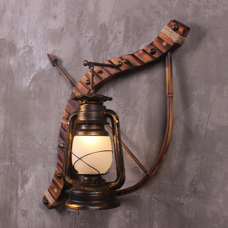 Vintage Lantern Wall Lamp: 1-Light Opal Glass Sconce in Bronze with Wood Bow and Arrow Deco