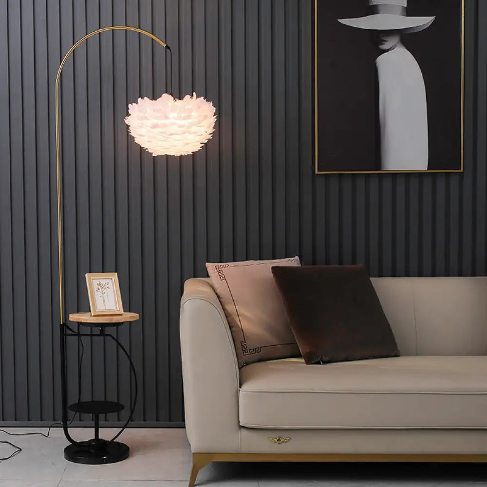 Nordic Metal Fishing Rod Standing Floor Lamp with 2-Tier Tray and Feather Shade