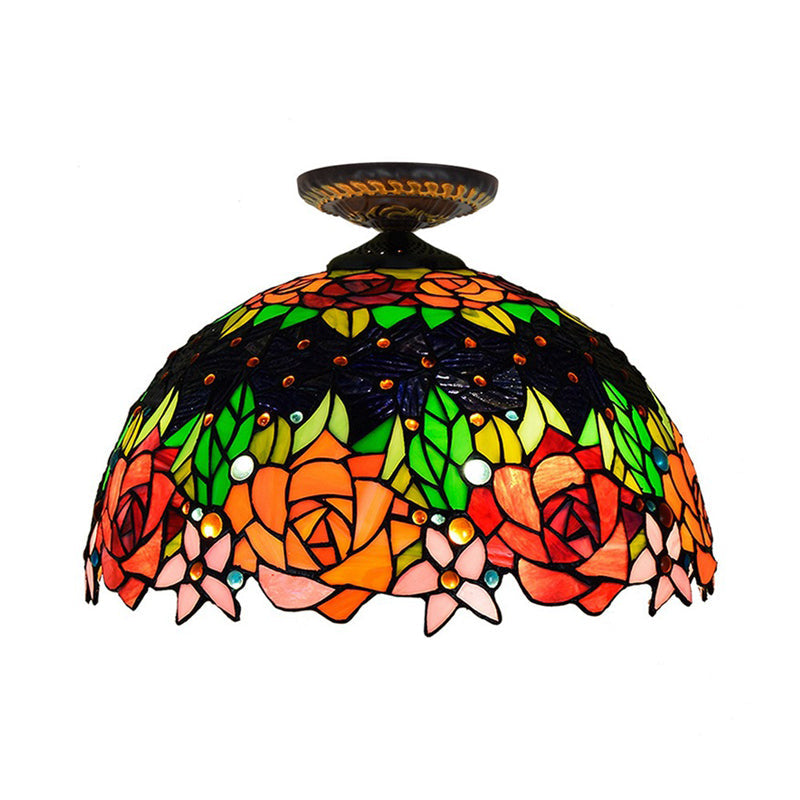 Bronze Rose/Flower Tiffany Ceiling Lamp - Multicolored Stained Glass Flush Mount Lighting