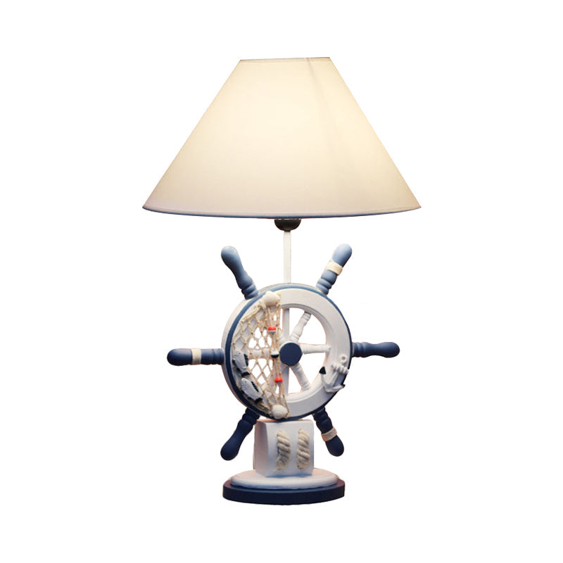 Lampe de table en bois pour enfants – Bouée de sauvetage/gouvernail, lampe de chevet bleue à 5 lumières avec abat-jour conique en tissu