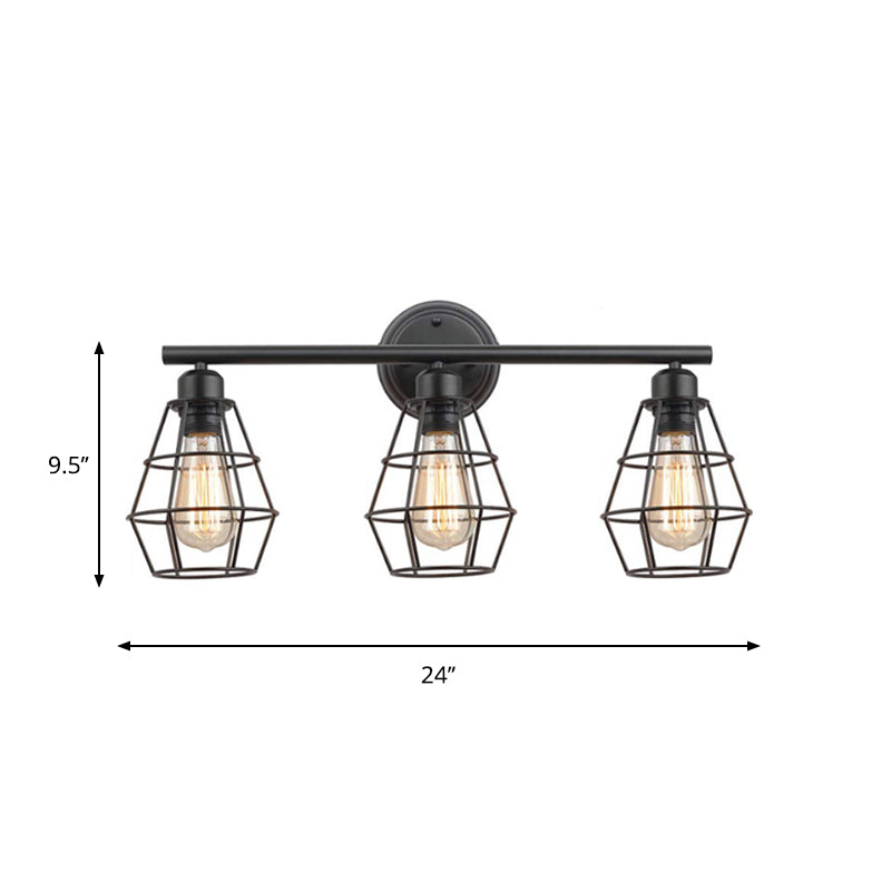 Industrial 3-Light Black Wall Sconce with Metal Cage Shade for Bathroom