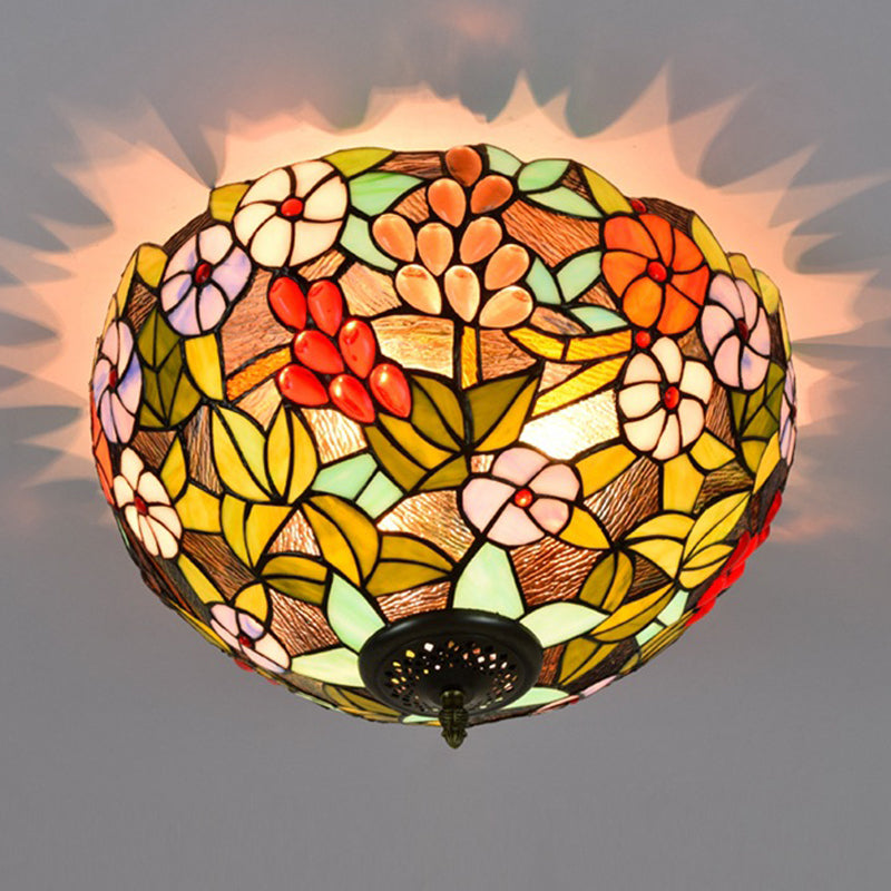 Flower Ceiling Lighting Tiffany Brass Flush Mount Light for Hallway - 2/3 Lights, 12
