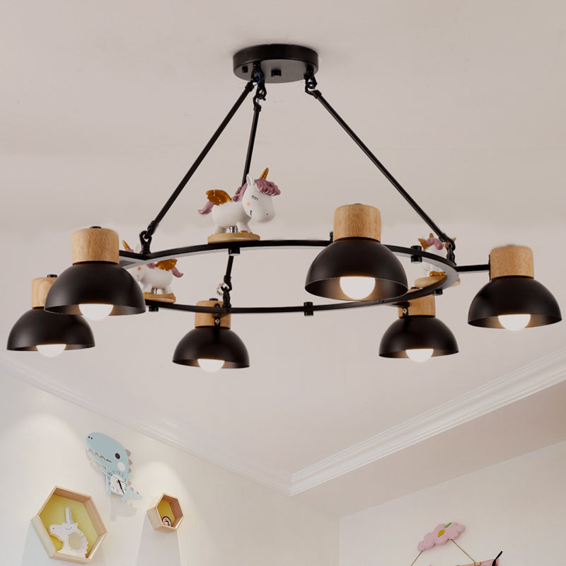 Lustre suspendu en forme de dôme pour enfants : éclairage à suspension en métal à 3/6 lumières avec décor de cerf/cheval en noir/blanc