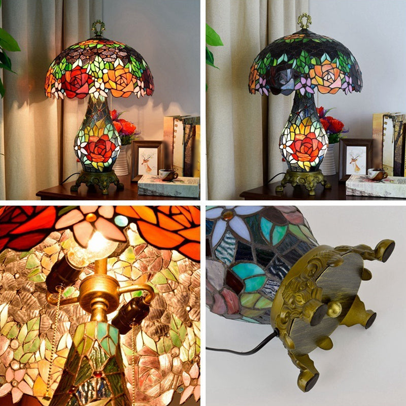 3-Headed Green Tiffany Stained Art Glass Rose Pattern Table Lamp with Mushroom Shade - Nightstand Lighting
